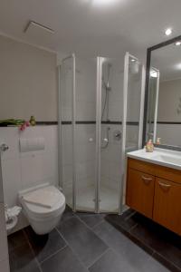 a bathroom with a shower and a toilet and a sink at Villa-Senta-Apartment-10 in Kühlungsborn +18 photos