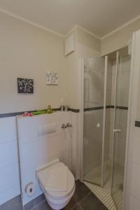 een badkamer met een toilet en een douche bij Villa-Senta-Apartment-12 in Kühlungsborn