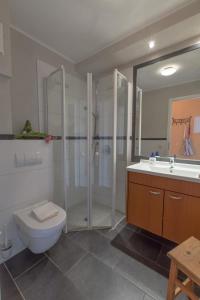 a bathroom with a shower and a toilet and a sink at Villa-Senta-Apartment-13 in Kühlungsborn