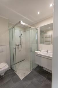 a bathroom with a shower and a toilet and a sink at Villa-Borwin-Apartment-2 in Kühlungsborn