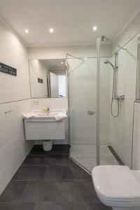 a bathroom with a shower and a sink and a toilet at Villa-Borwin-Apartment-13 in Kühlungsborn