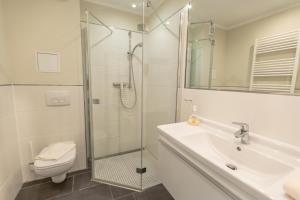 La salle de bains est pourvue d'une douche, de toilettes et d'un lavabo. dans l'établissement Villa-Borwin-Apartment-8, à Kühlungsborn