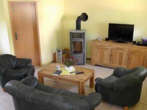 EldenaにあるFerienhaus am Hain Naturschutzgebiの2つのソファと暖炉のあるリビングルーム