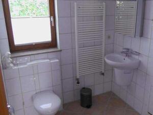 EldenaにあるFerienhaus am Hain Naturschutzgebiの洗面台、トイレ、窓のあるバスルーム