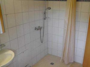 EldenaにあるFerienhaus am Hain Naturschutzgebiのバスルーム(シャワー、洗面台、トイレ付) +3枚の写真