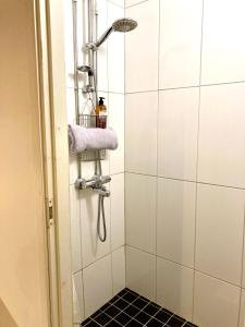 a shower stall with a purple towel on a shelf at Spacious (44 sqm) bohemian studio in trendy Kallio in Helsinki