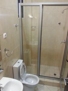 a bathroom with a shower and a toilet and a sink at Resotel in Maputo