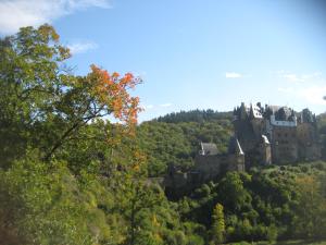 a castle on top of a hill with trees at Ferienwohnung Maifeldtraum in Mertloch