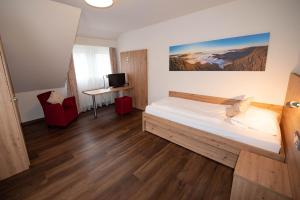 um quarto com uma cama, uma secretária e uma televisão em Gasthof Pfauen em Oberkirch