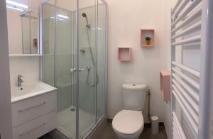 y baño con ducha, aseo y lavamanos. en La maison d'Angélique - Colocation hôtelière à 150m Gare TGV- Grande cuisine équipée & salon - Fibre - Netflix, en Niort