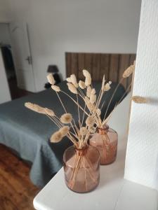 two vases with dried flowers in them on a table at Het Kapittel in Ieper