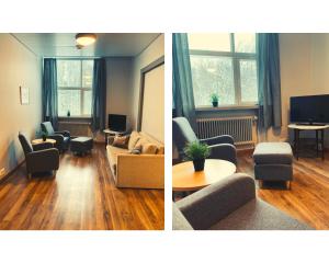two pictures of a living room with a couch and chairs at Easy Huoneistot Vierumäki in Härkälä