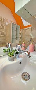 un lavabo con plantas encima en Simonai Apartment en Bovec