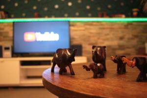 a group of toy animals on a table with a television at Countryside-Lovers - Ganzes Haus 100m² für euch allein mit Garten in Halsbrücke