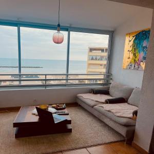 uma sala de estar com um sofá e vista para o oceano em Charmant T3 vue mer, moderne et tout équipé em Valras-Plage