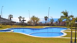 una gran piscina con palmeras y el océano en Espacioso apartamento con preciosos jardines y BBQ, en Isla Plana