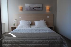 ein Schlafzimmer mit einem großen Bett mit zwei Kissen in der Unterkunft Logis Hôtel du Midi - Rodez Centre-Ville in Rodez