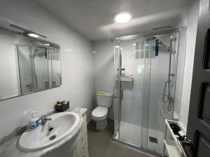 ein Bad mit einer Dusche, einem Waschbecken und einem WC in der Unterkunft Casa Tania in Ligonde
