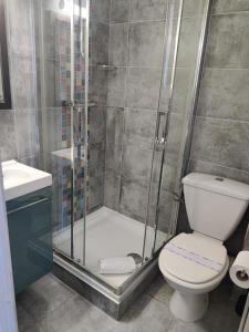 a bathroom with a shower with a toilet and a sink at Atipik Hôtel in Annecy