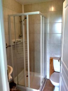 a shower with a glass door in a bathroom at Hotel du Centre in Châlus