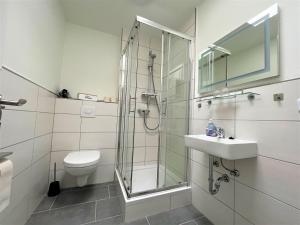 a bathroom with a shower and a sink and a toilet at Landhaus Tesperhude in Geesthacht