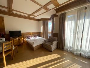 ein Schlafzimmer mit einem Bett, einem Stuhl und einem TV in der Unterkunft Apartament by Zenit in Pirin Golf Hotel & SPA C35-36 in Raslog