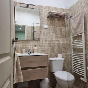 a bathroom with a toilet and a sink and a mirror at Santiago del Teide Apartman in Santiago del Teide