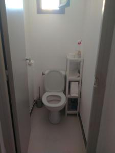 een kleine badkamer met een toilet en een raam bij paradis des randonneurs in Roquefort-des-Corbières