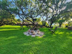 a park with benches and a statue in the grass at The Venue Country Hotel & Spa in Hartbeespoort
