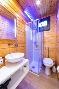 a bathroom with a toilet and a sink and a shower at Villa Rosemary in Marsala
