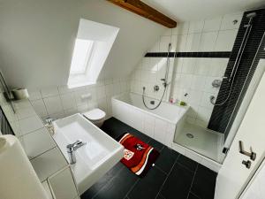 y baño blanco con lavabo y ducha. en Guesthouse David, en Augsburg