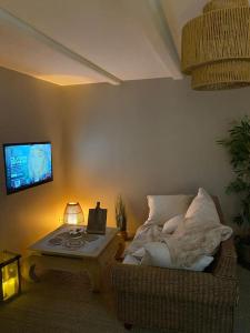 uma sala de estar com um sofá e uma mesa com uma televisão em BEAUTIFUL LIFE BED and SPA em Mirecourt