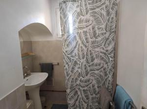 een badkamer met een douchegordijn en een wastafel bij Oasis tranquille - L'évasion au Verdon in Gréoux-les-Bains
