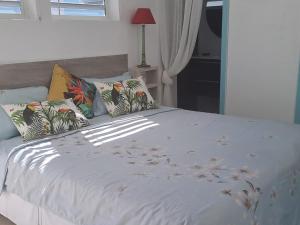 a bedroom with a white bed with pillows at Tropical in Orient Bay French St Martin