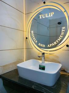 a bathroom sink with a mirror on the wall at TULIP HOTELS AND APPARTMENTS in Karachi