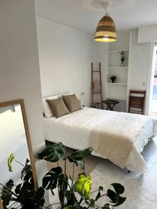 a bedroom with a bed and a potted plant at El apartamento de Ordes in Órdenes