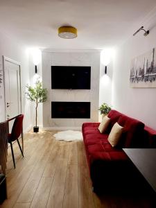 salon z czerwoną kanapą i kominkiem w obiekcie House of Chess Luxury Villa w mieście Satu Mare