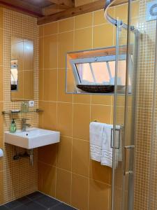 a bathroom with a sink and a shower at Casinhas in Praia do Almoxarife +17 photos