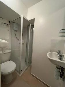 a bathroom with a shower and a toilet and a sink at Studio flat in lovely Alexandra Palace London in London