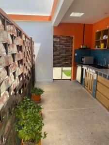 una cocina con una pared de ladrillo y algunas plantas en Studio neuf independant dans villa en Ouoran
