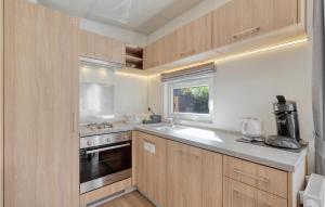 une cuisine avec des armoires en bois, un évier et une fenêtre dans l'établissement Tiny Haus 86 Am Brombachsee, à Pleinfeld 30 autres photos