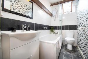 een witte badkamer met een wastafel en een toilet bij Pant in Llanymawddwy +28 foto's