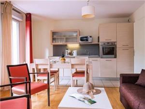 a living room with a kitchen and a dining room at La Villa Du Lac- 3 rooms for 6 people in Divonne-les-Bains