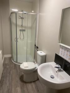 a bathroom with a shower and a toilet and a sink at SEV House, Wakefield City Center in Wakefield