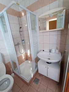uma casa de banho com um chuveiro, um lavatório e um WC. em Studio Apartmani Zorić em Šilo