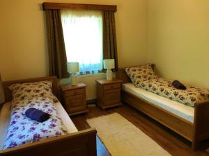 a bedroom with two beds and a window at Bori Tanya in Csongrád