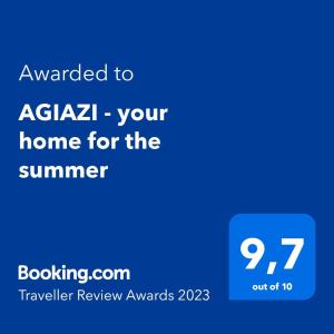 Certifikát, hodnocení, plakát nebo jiný dokument vystavený v ubytování AGIAZI Poros Summer House