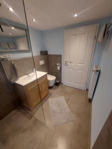 a bathroom with a sink and a shower and a toilet at GeraldineWeg30 -FeWo Geralex in Hessisch Oldendorf +10 photos