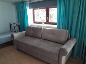 um sofá numa sala de estar com cortinas azuis e uma janela em Dąbrowski em Nadarzyn