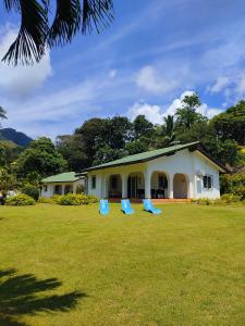 2 chaises bleues dans une cour devant un bâtiment dans l'établissement Villa Luana Yuna, Au Cap